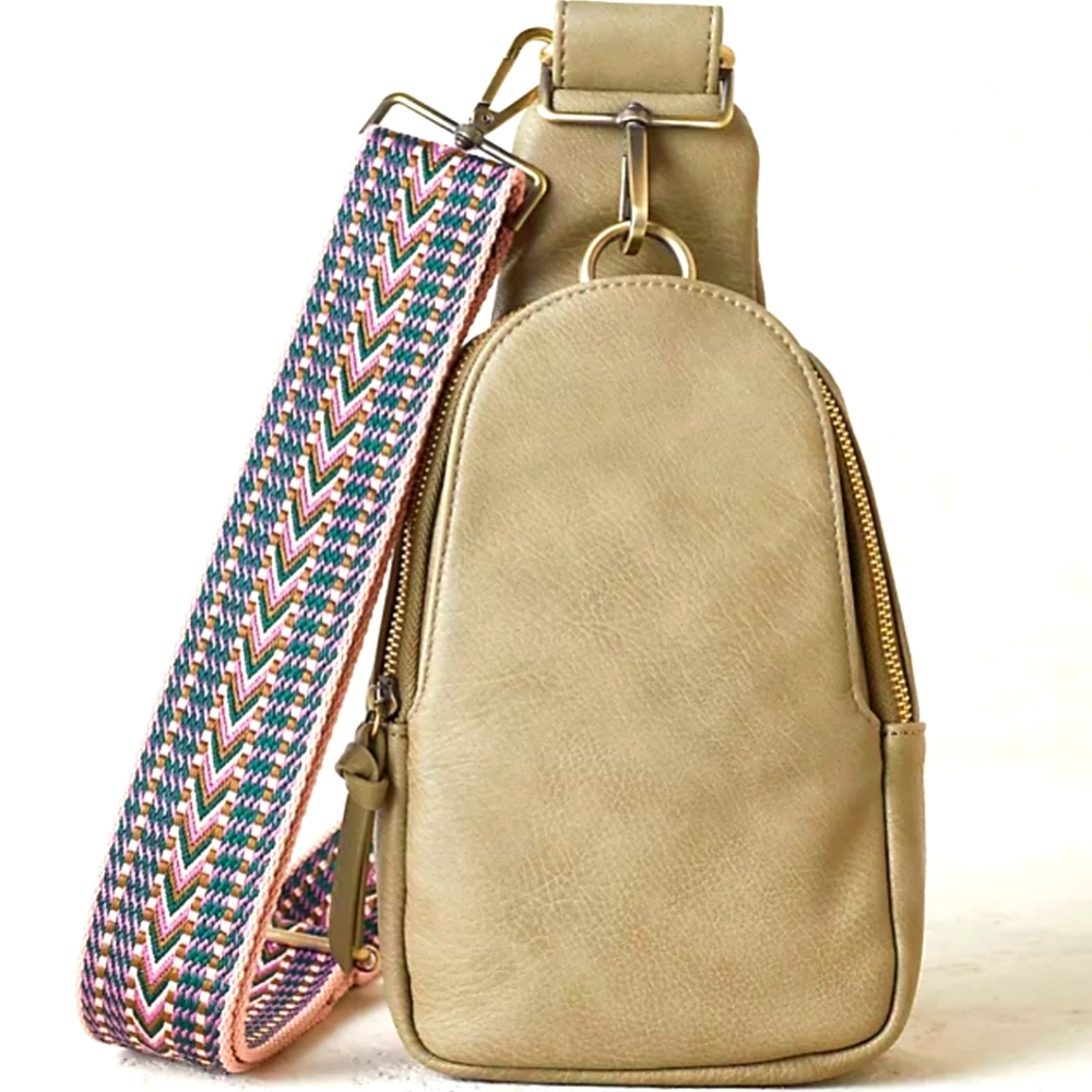 Compact Tan Crossbody Sling Bag with Decorative Strap